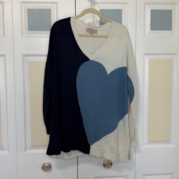 Laurie Felt Los Angeles 1X Heart Blue and Cream V-Neck Sweater Cashmere Blend - Picture 1 of 7